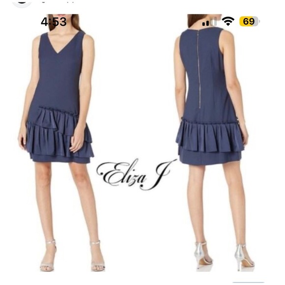 Eliza J Navy Blue Dress Ruffle peplum Sleeveless‎ Party Cocktail Size 6 guest - Picture 1 of 10